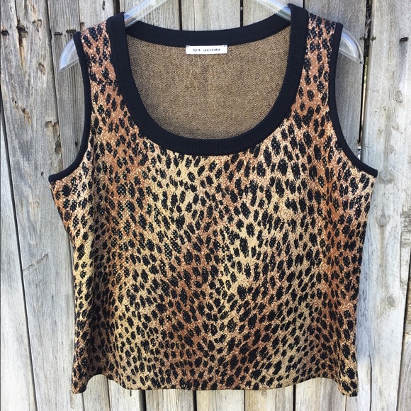 St. John Leopard Print Sleeveless Sweater Vest Santana Knit Brown Black L - Picture 8 of 8